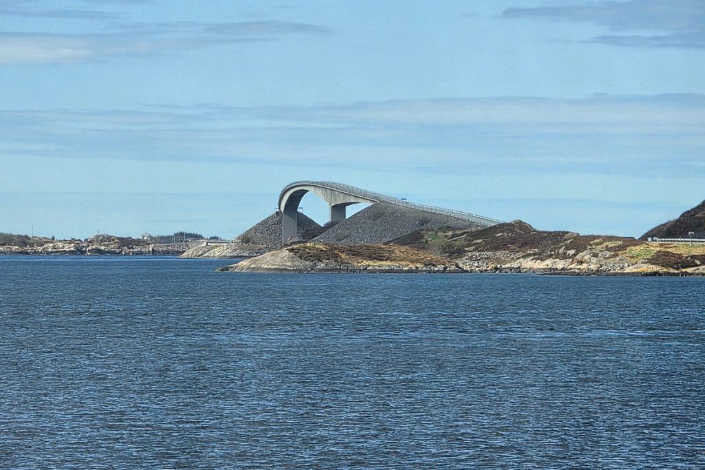 The James Bond bridge which rises high over the water and appears to stop half way over